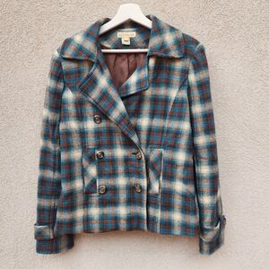 STETSON Women's Pea Coat Medium Plaid Blue Wool Blend Lined Outdoors